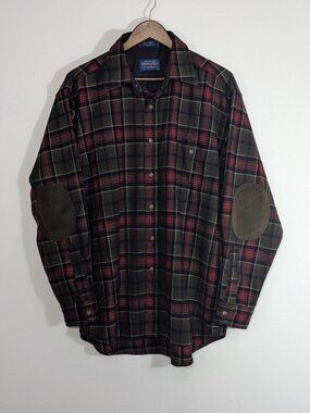 Pendleton Plaid Mens Trail Shirt Elbow Patches 100% Wool Button-up Long Sleeve L